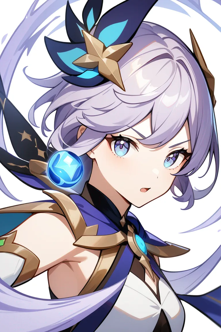 Appearance: 1girl, lavender hair, teal eyes, playful expression, Genshin Impact mage outfit, elemental orb, dynamic pose, single character, upper body, looking at viewer, anime style, simple background, white background