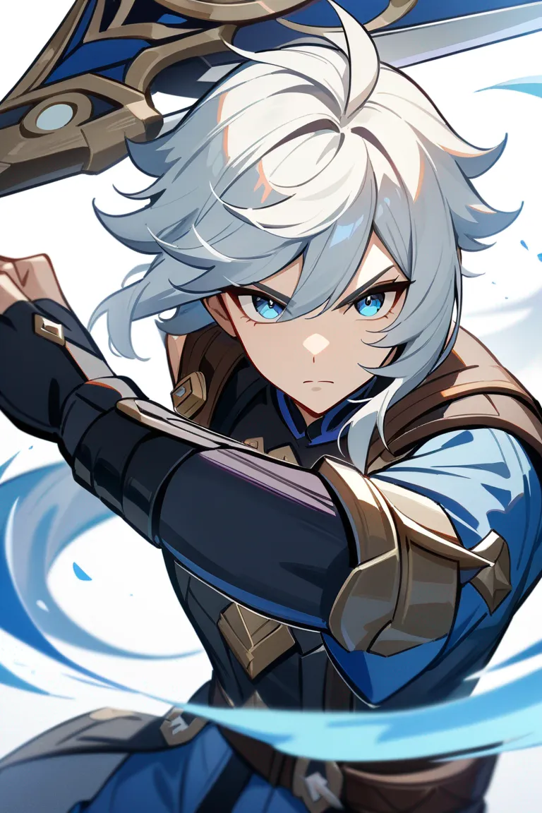 Appearance: 1boy, silver hair, ocean blue eyes, stoic demeanor, Genshin Impact warrior attire, spear, ready stance, single character, upper body, looking at viewer, anime style, simple background, white background