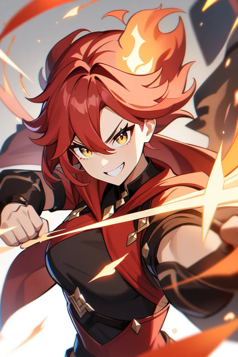 Appearance: 1girl, fiery red hair, golden eyes, fierce grin, Genshin Impact archer outfit, bow, action pose, single character, upper body, looking at viewer, anime style, simple background, white background