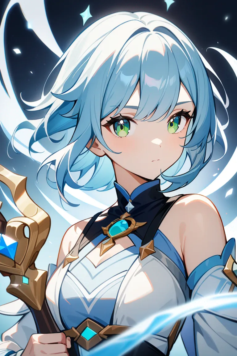Appearance: 1girl, azure hair, green eyes, serene expression, Genshin Impact healer outfit, magical staff, peaceful pose, single character, upper body, looking at viewer, anime style, simple background, white background