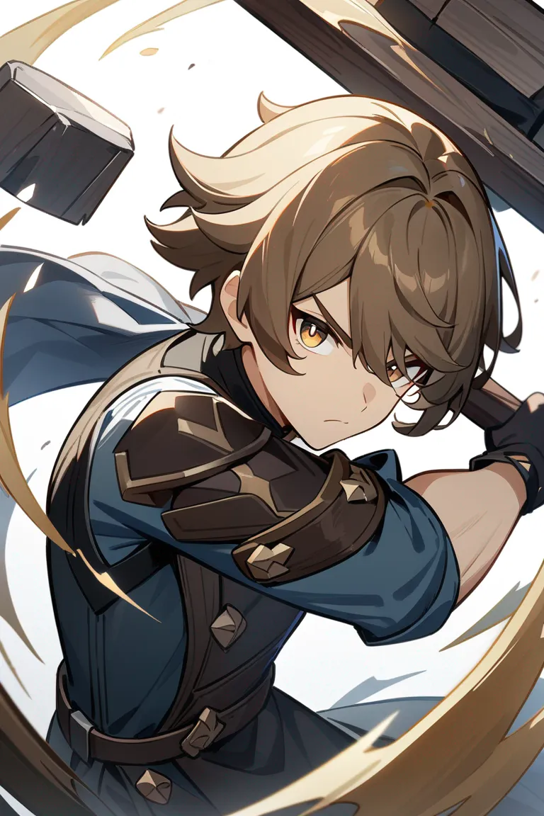 Appearance: 1boy, chestnut hair, hazel eyes, determined look, Genshin Impact blacksmith attire, hammer, focused stance, single character, upper body, looking at viewer, anime style, simple background, white background