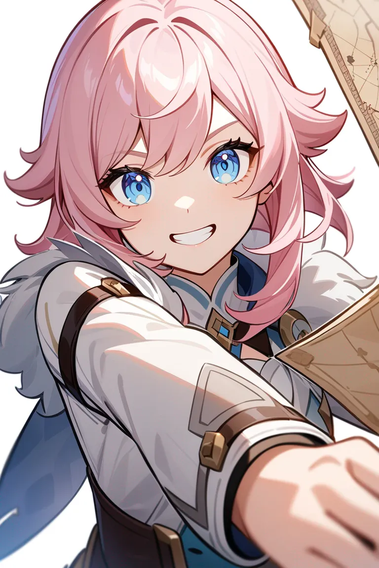Appearance: 1girl, pastel pink hair, bright blue eyes, mischievous grin, Genshin Impact explorer outfit, map, adventurous pose, single character, upper body, looking at viewer, anime style, simple background, white background