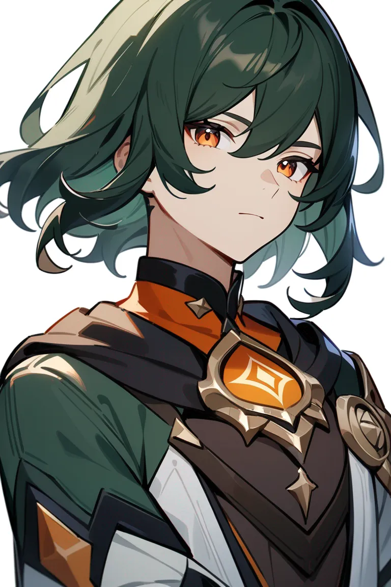 Appearance: 1boy, dark green hair, amber eyes, thoughtful expression, Genshin Impact strategist attire, chest piece, contemplative pose, single character, upper body, looking at viewer, anime style, simple background, white background