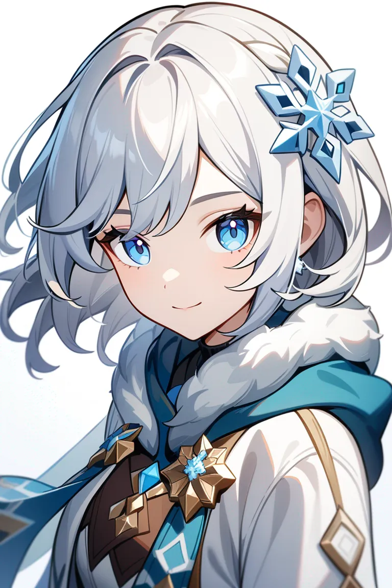 Appearance: 1girl, soft white hair, icy blue eyes, gentle smile, Genshin Impact winter outfit, snowflake accessory, graceful pose, single character, upper body, looking at viewer, anime style, simple background, white background