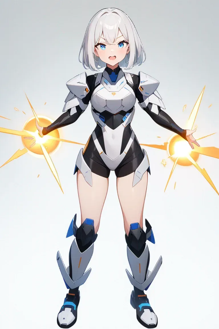 Appearance: 1girl, silver hair, blue eyes, playful expression, futuristic armor, energy weapon, sci-fi game style, single character, full body, looking at viewer, anime style, simple background, white background, best quality, masterpiece