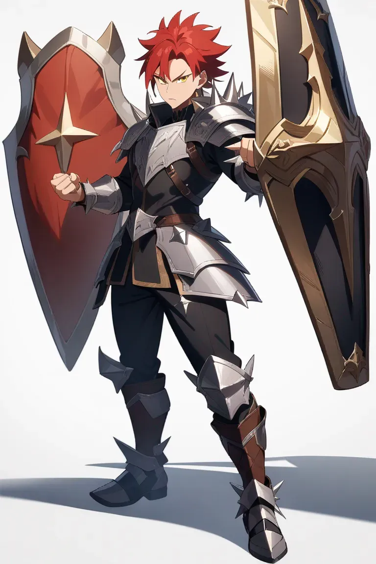 Appearance: 1boy, spiky red hair, golden eyes, fierce look, fantasy knight outfit, sword and shield, warrior pose, single character, full body, looking at viewer, anime style, simple background, white background, best quality, masterpiece