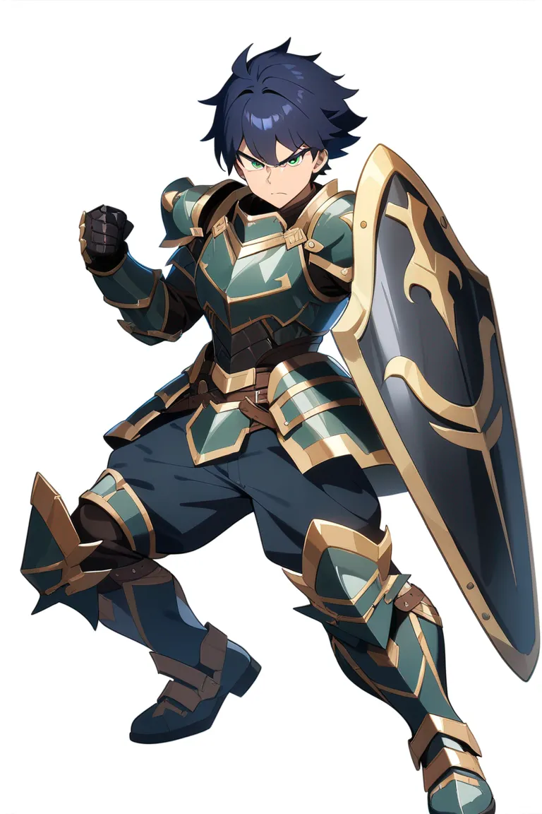 Appearance: 1boy, dark blue hair, green eyes, determined expression, Random Video Game style armor, sword and shield, ready for battle, single character, full body, looking at viewer, anime style, simple background, white background, best quality, masterpiece
