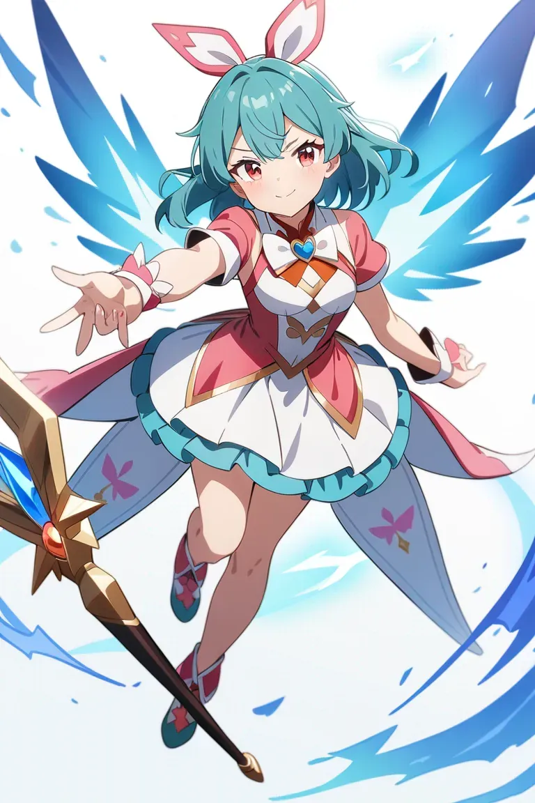 Appearance: 1girl, teal hair, amber eyes, eyes-closed smile, magical girl outfit, wand, magical aura, single character, full body, looking at viewer, anime style, simple background, white background, best quality, masterpiece