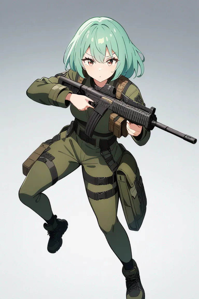 Appearance: 1girl, mint green hair, hazel eyes, tactical expression, Random Video Game style military outfit, futuristic rifle, combat ready pose, single character, full body, looking at viewer, anime style, simple background, white background, best quality, masterpiece