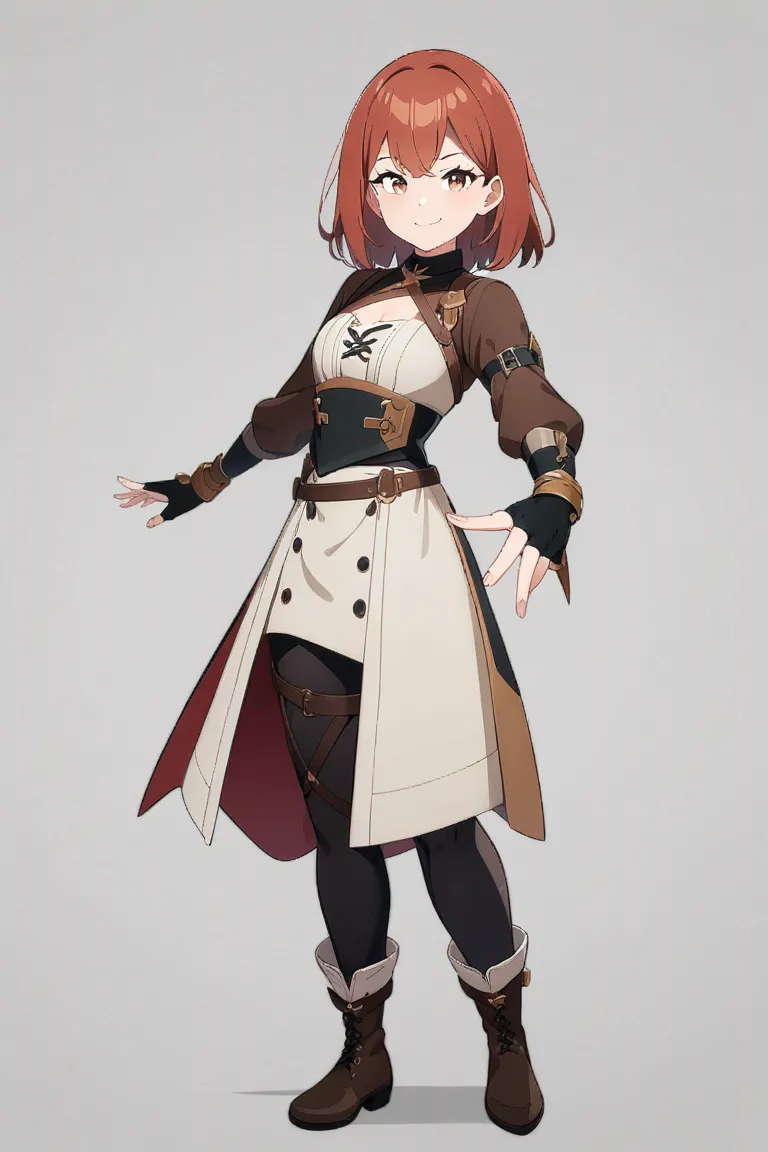 Appearance: 1boy, auburn hair, dark brown eyes, charming smile, Random Video Game style rogue outfit, dual daggers, sneaky pose, single character, full body, looking at viewer, anime style, simple background, white background, best quality, masterpiece