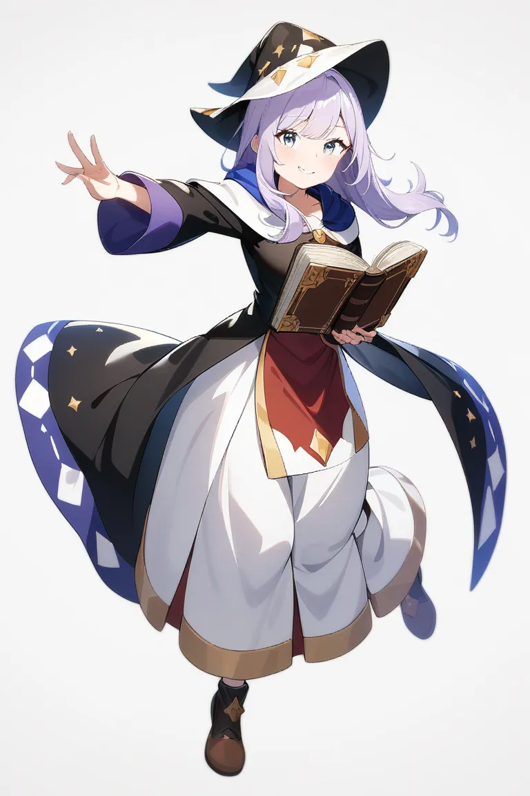Appearance: 1girl, lavender hair, grey eyes, cheerful expression, Random Video Game style mage robe, spellbook, casting spell pose, single character, full body, looking at viewer, anime style, simple background, white background, best quality, masterpiece