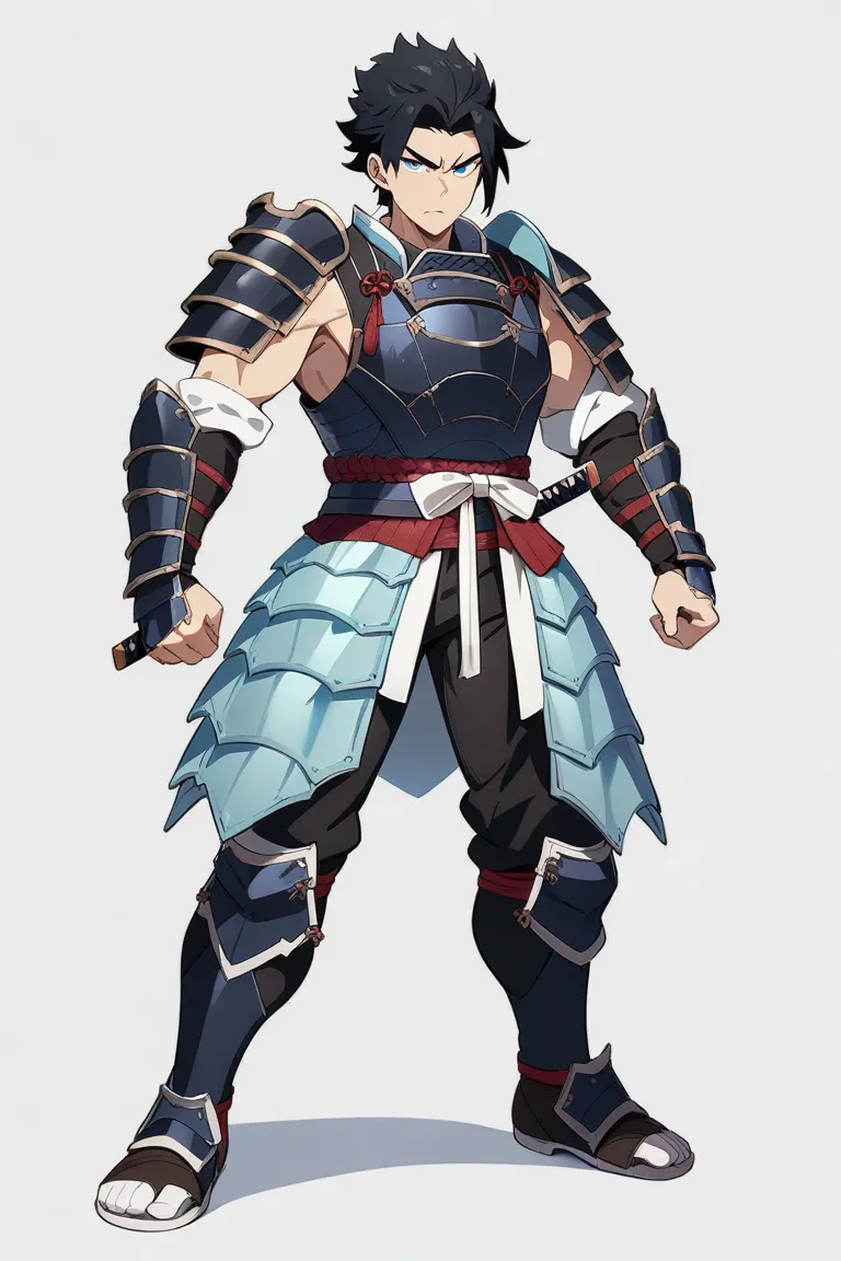 Appearance: 1boy, black hair, icy blue eyes, fierce look, Random Video Game style samurai armor, katana, ready for action, single character, full body, looking at viewer, anime style, simple background, white background, best quality, masterpiece
