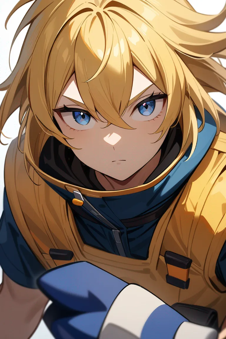 Appearance: 1boy, bright yellow hair, dark blue eyes, curious gaze, Sonic the Hedgehog style explorer outfit, utility belt, inquisitive stance, single character, upper body, looking at viewer, anime style, simple background, white background