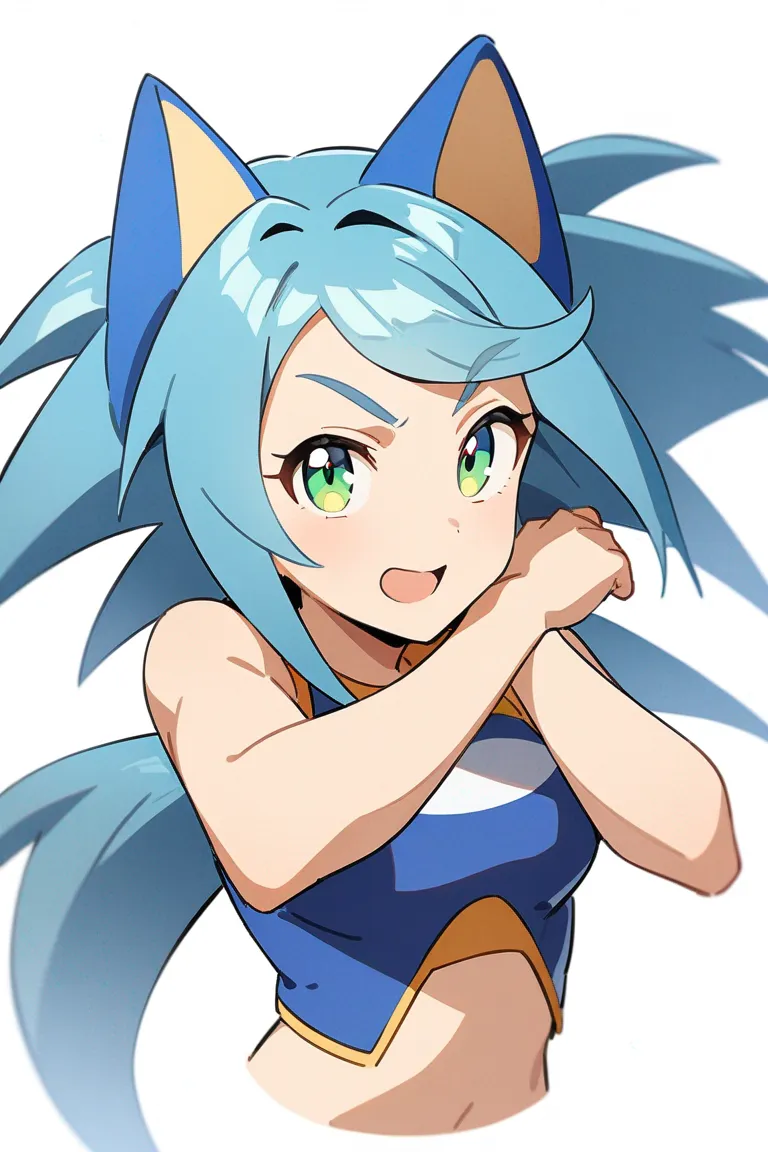 Appearance: 1girl, cyan hair, green eyes, playful expression, Sonic the Hedgehog style outfit, athletic build, confident pose, single character, upper body, looking at viewer, anime style, simple background, white background
