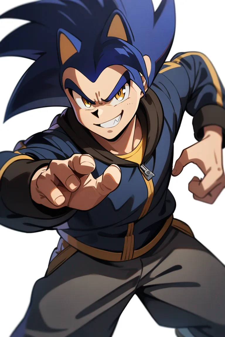 Appearance: 1boy, dark blue hair, yellow eyes, adventurous grin, Sonic the Hedgehog style clothing, sneakers, dynamic stance, single character, upper body, looking at viewer, anime style, simple background, white background