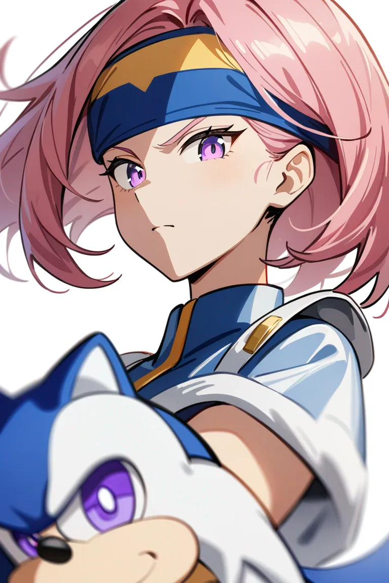Appearance: 1girl, pink hair, purple eyes, determined look, Sonic the Hedgehog style dress, headband, ready for action, single character, upper body, looking at viewer, anime style, simple background, white background