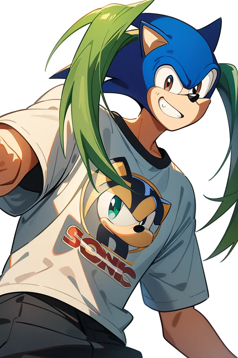 Appearance: 1boy, green hair, brown eyes, mischievous grin, Sonic the Hedgehog style t-shirt, backpack, playful stance, single character, upper body, looking at viewer, anime style, simple background, white background