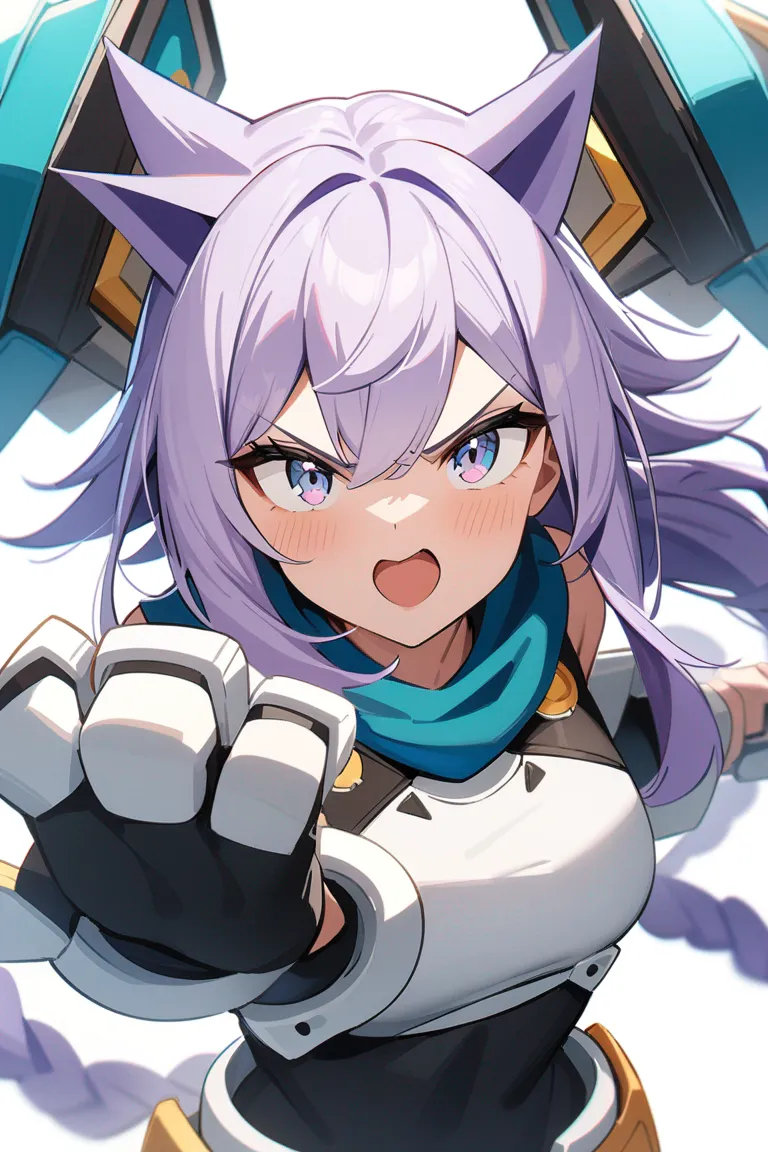 Appearance: 1girl, lavender hair, teal eyes, fierce expression, Sonic the Hedgehog style battle gear, dual weapons, combat-ready pose, single character, upper body, looking at viewer, anime style, simple background, white background
