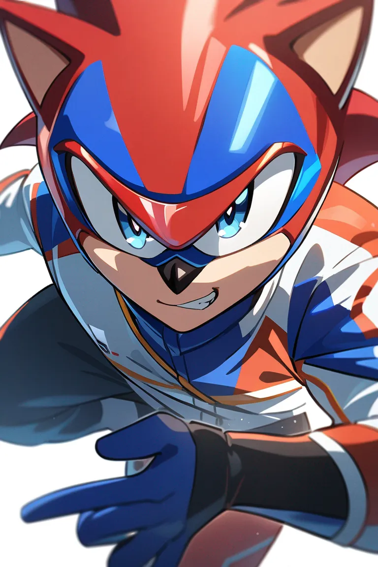 Appearance: 1boy, red hair, blue eyes, confident smirk, Sonic the Hedgehog style racing suit, helmet, high-speed pose, single character, upper body, looking at viewer, anime style, simple background, white background