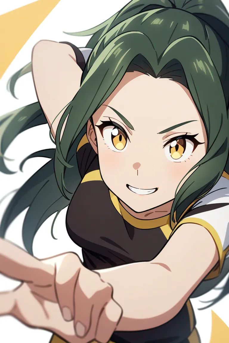 Appearance: 1girl, dark green hair, gold eyes, cheerful smile, Sonic the Hedgehog style activewear, sports gear, enthusiastic pose, single character, upper body, looking at viewer, anime style, simple background, white background