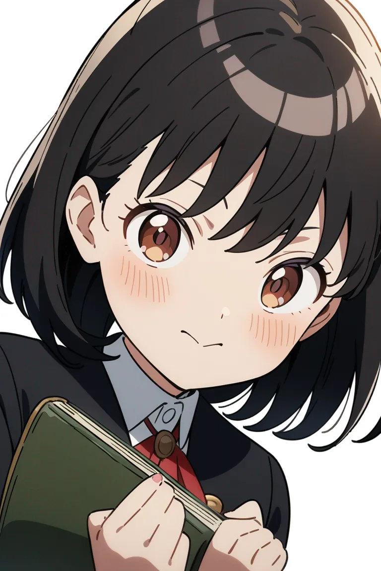 Appearance: 1girl, medium black hair, brown eyes, energetic expression, Spy x Family style uniform, school theme, holding a book, cheerful pose, single character, upper body, looking at viewer, anime style, simple background, white background