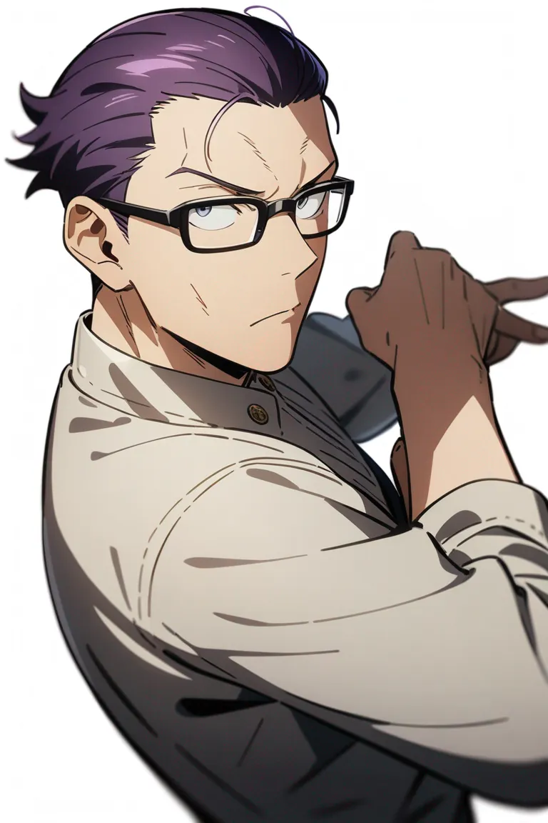 Appearance: 1boy, slicked back purple hair, silver eyes, cool demeanor, Spy x Family style casual wear, glasses, stylish stance, single character, upper body, looking at viewer, anime style, simple background, white background