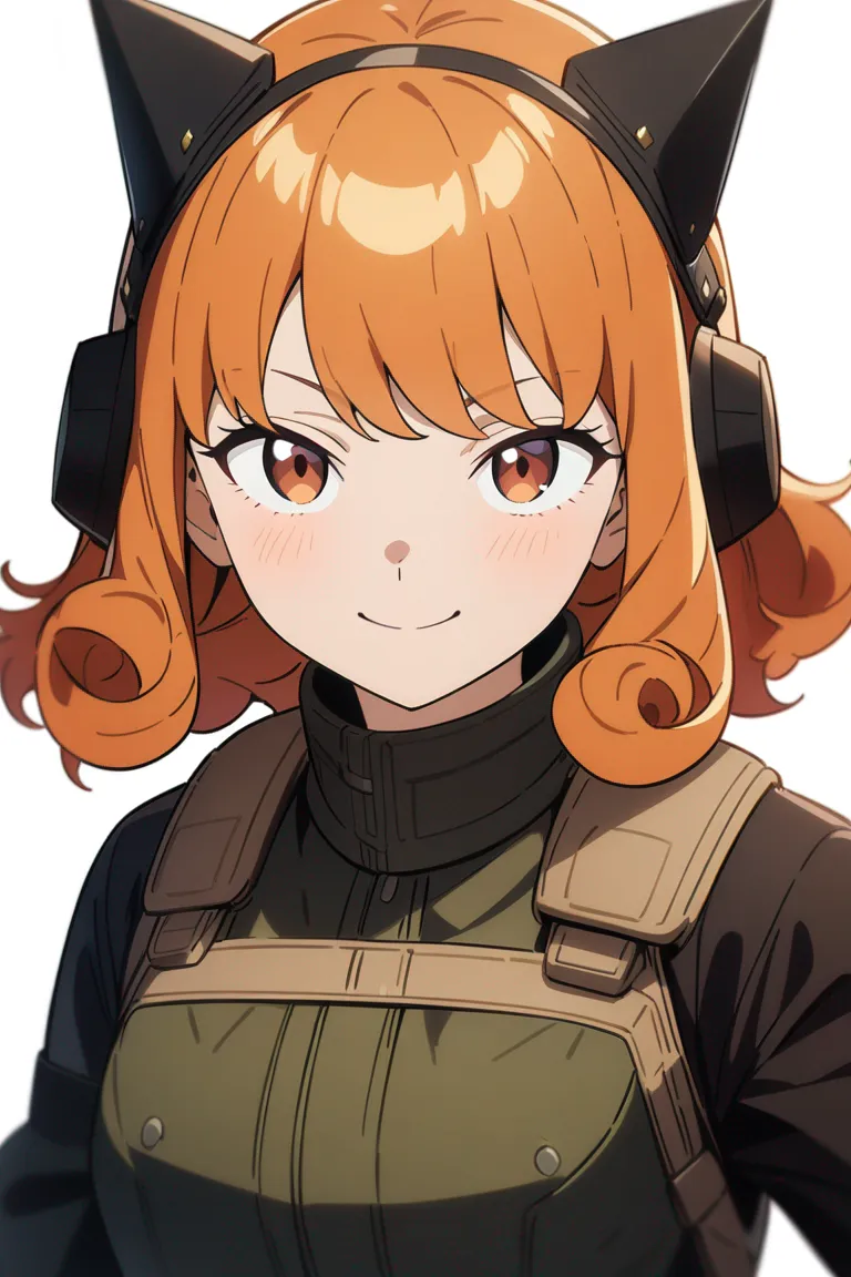 Appearance: 1girl, curly orange hair, brown eyes, cunning smile, Spy x Family style tactical outfit, with gloves and headgear, strategic look, single character, upper body, looking at viewer, anime style, simple background, white background