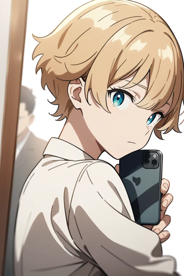 Appearance: 1boy, short sandy hair, teal eyes, focused gaze, Spy x Family style dress shirt, holding a phone, analytical posture, single character, upper body, looking at viewer, anime style, simple background, white background