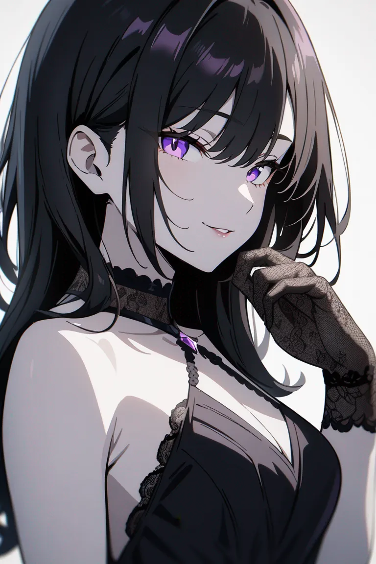 Appearance: 1girl, long black hair, purple eyes, seductive smile, lace gloves, elegant dress, pale skin, confident, single character, upper body, looking at viewer, anime style, simple background, white background
