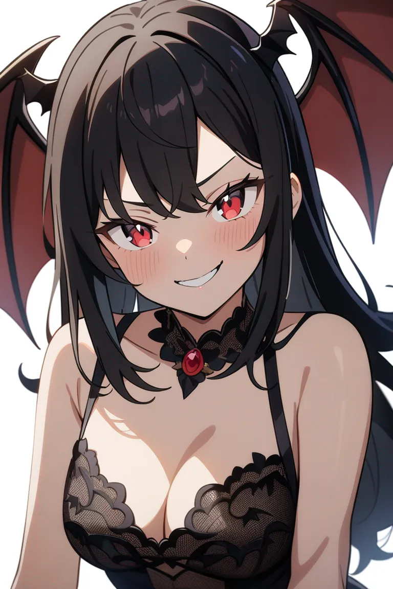 Appearance: 1girl, long black hair, crimson eyes, playful smirk, lace dress, bat wings, mischievous, single character, upper body, looking at viewer, anime style, simple background, white background