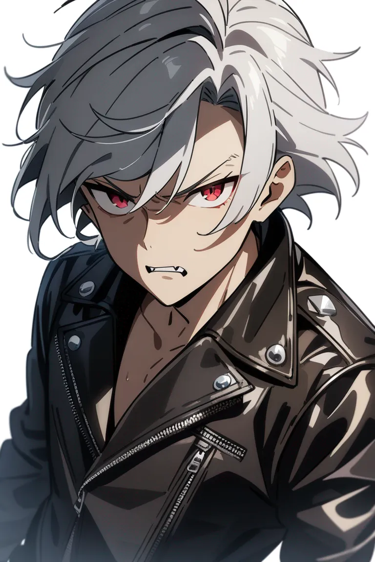 Appearance: 1boy, short silver hair, crimson eyes, brooding expression, leather jacket, piercing fangs, tough demeanor, single character, upper body, looking at viewer, anime style, simple background, white background