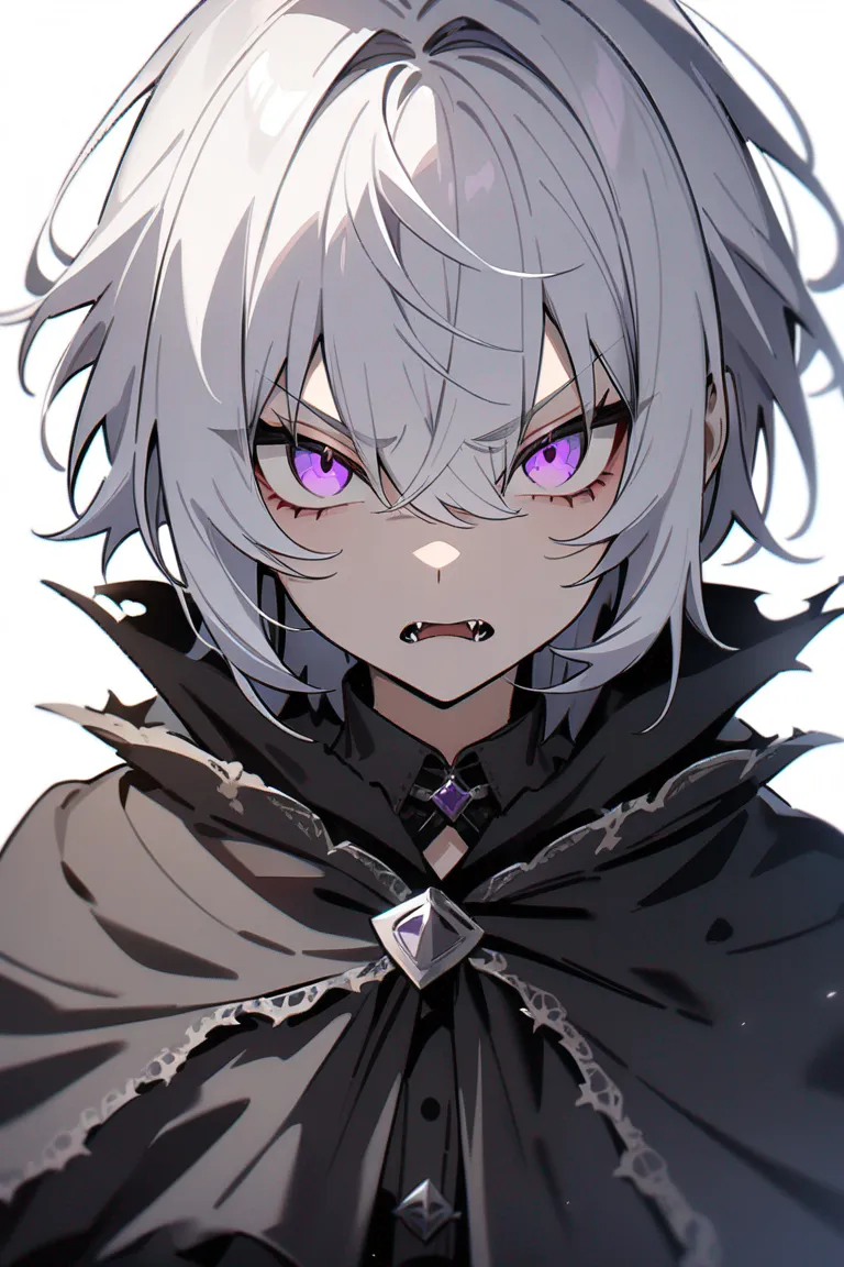 Appearance: 1boy, silver hair, violet eyes, brooding expression, tattered cloak, fangs, gothic, single character, upper body, looking at viewer, anime style, simple background, white background