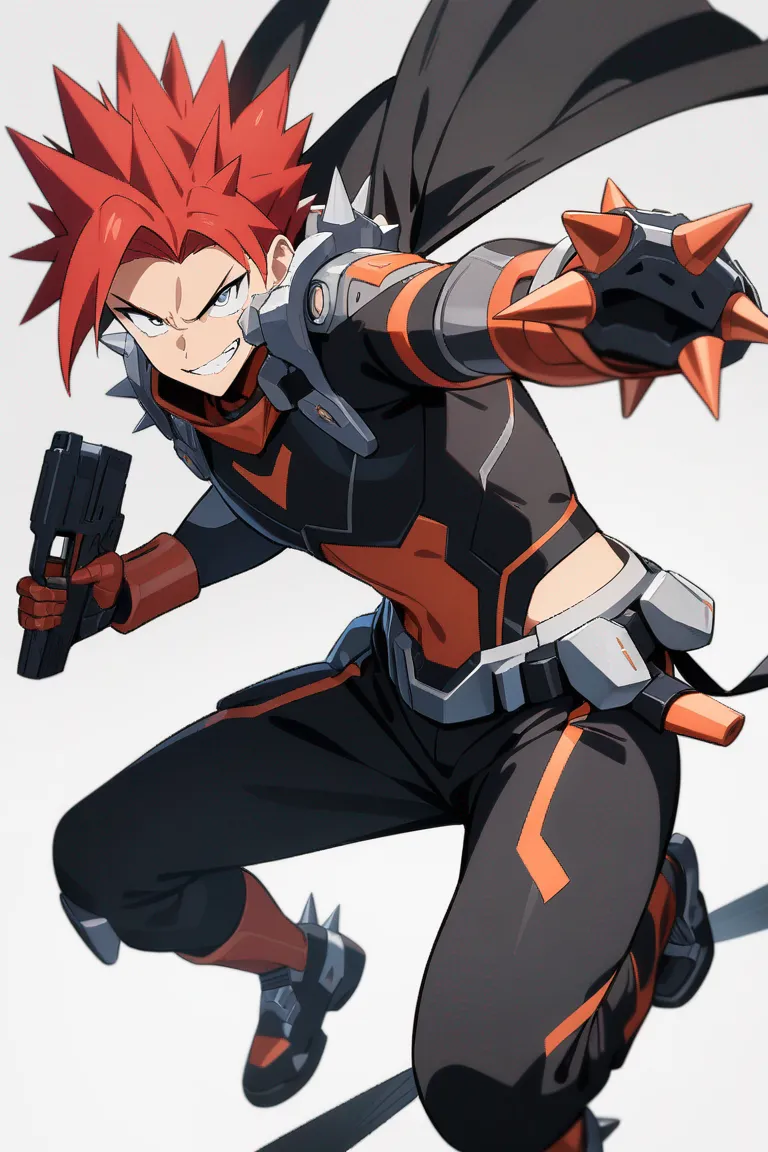 Appearance: 1boy, spiky red hair, silver eyes, confident grin, cybernetic outfit, dual pistols, action stance, single character, full body, looking at viewer, anime style, simple background, white background, best quality, masterpiece