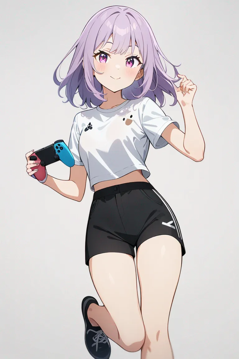 Appearance: 1girl, purple hair, pink eyes, cheerful demeanor, cute animal companion, casual game clothes, holding a game console, single character, full body, looking at viewer, anime style, simple background, white background, best quality, masterpiece