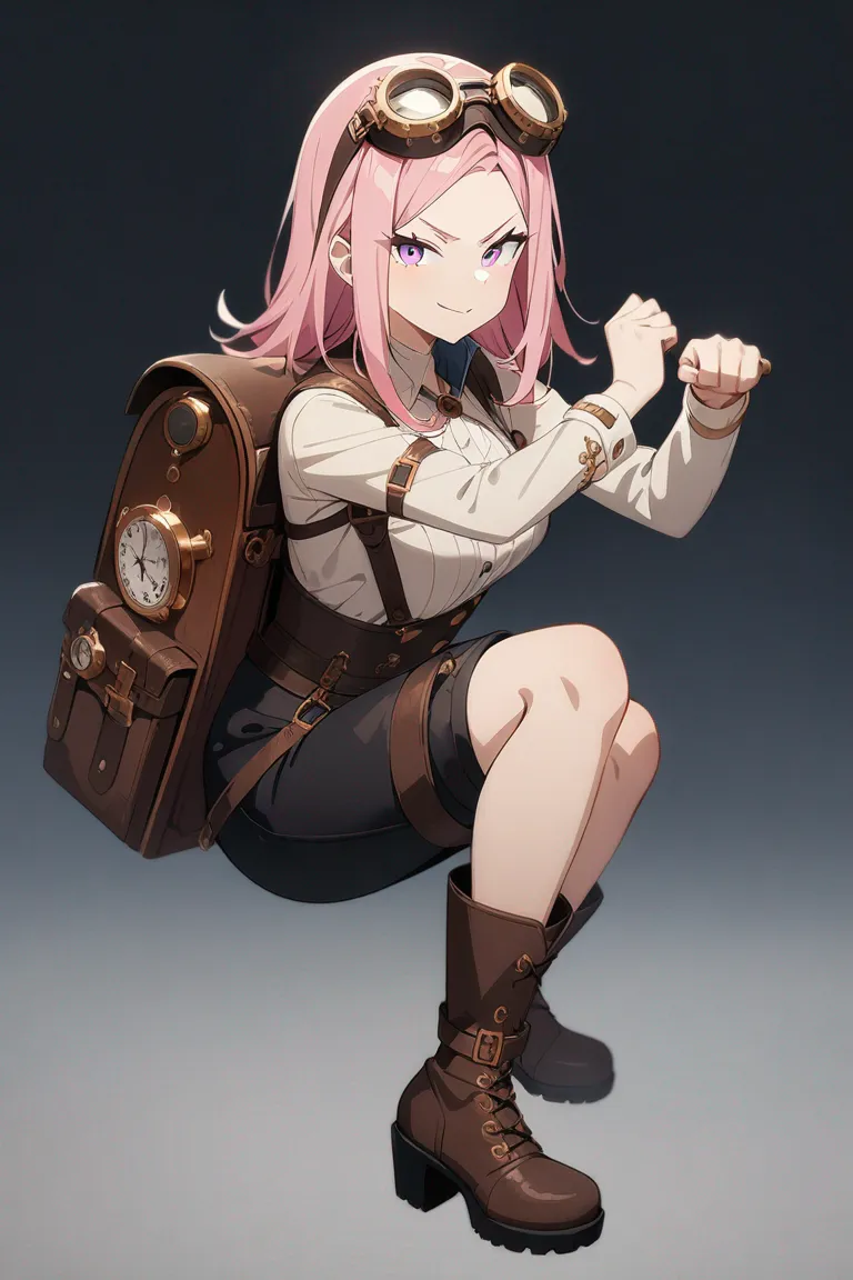 Appearance: 1girl, wild pink hair, violet eyes, mischievous smirk, steampunk explorer outfit, goggles on head, gear-shaped backpack, adventurous pose, single character, full body, looking at viewer, anime style, simple background, white background, best quality, masterpiece