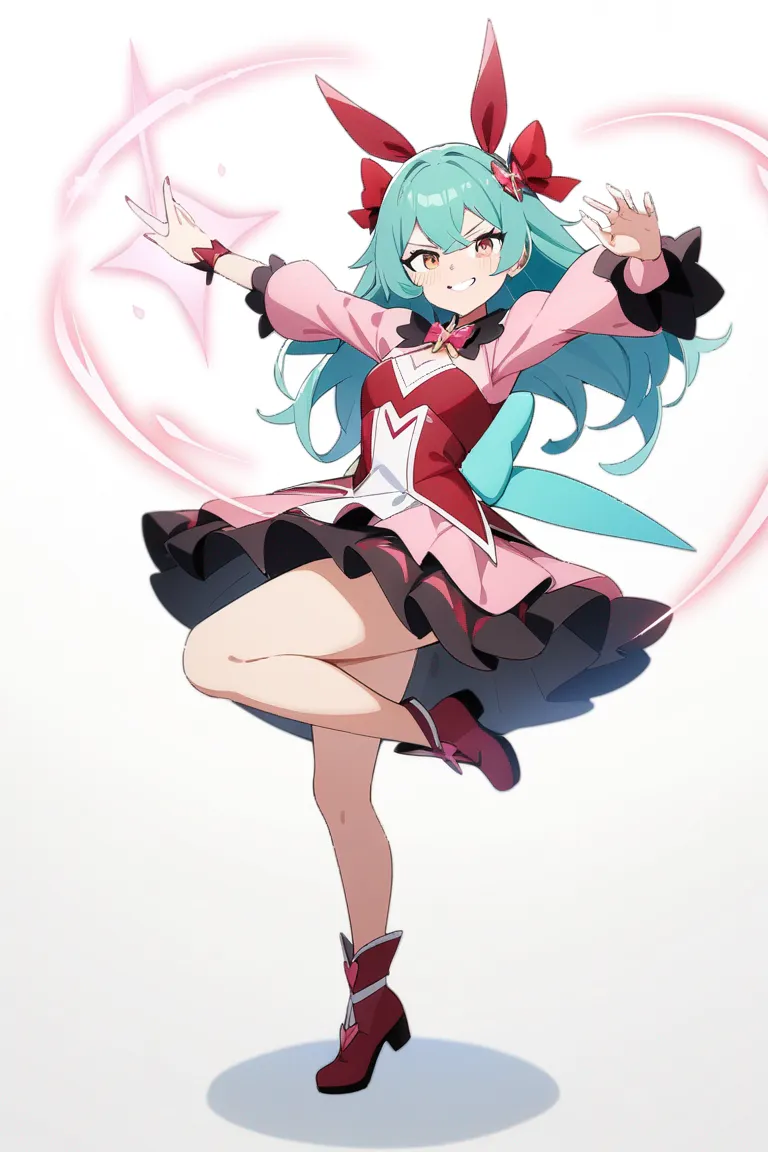 Appearance: 1girl, teal hair, amber eyes, mischievous grin, magical girl attire, casting a spell, whimsical pose, single character, full body, looking at viewer, anime style, simple background, white background, best quality, masterpiece