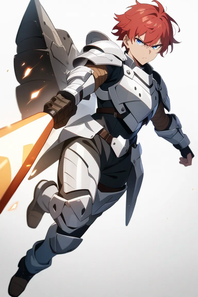 Appearance: 1boy, red hair, blue eyes, serious look, battle armor, wielding a lance, ready for combat, single character, full body, looking at viewer, anime style, simple background, white background, best quality, masterpiece