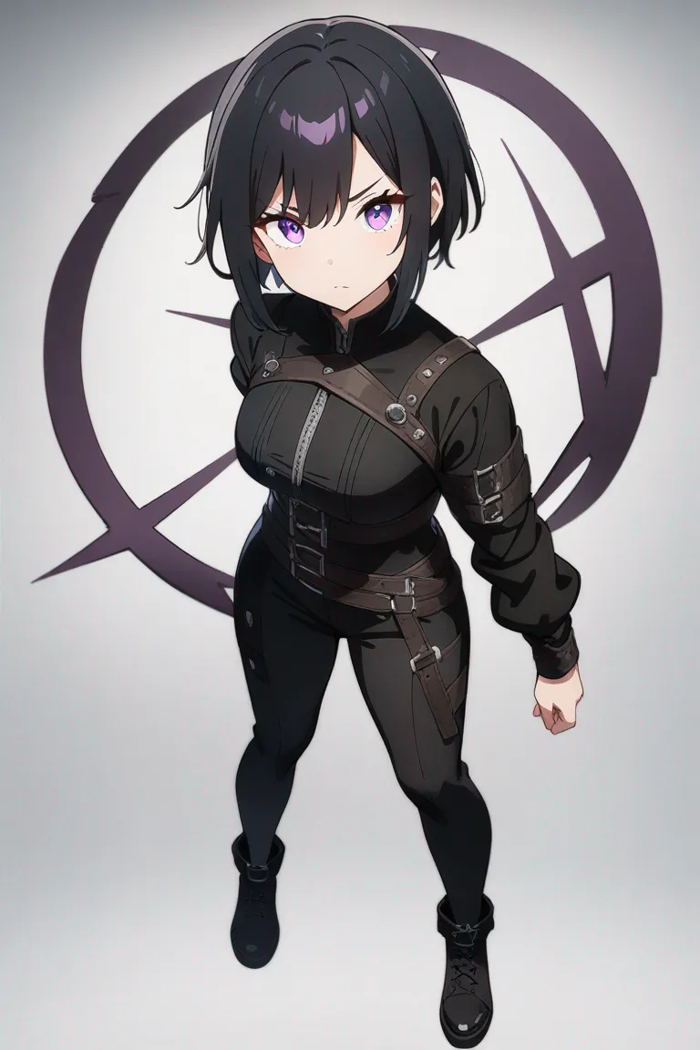 Appearance: 1girl, black hair, violet eyes, enigmatic expression, rogue outfit, dual daggers, stealthy pose, single character, full body, looking at viewer, anime style, simple background, white background, best quality, masterpiece