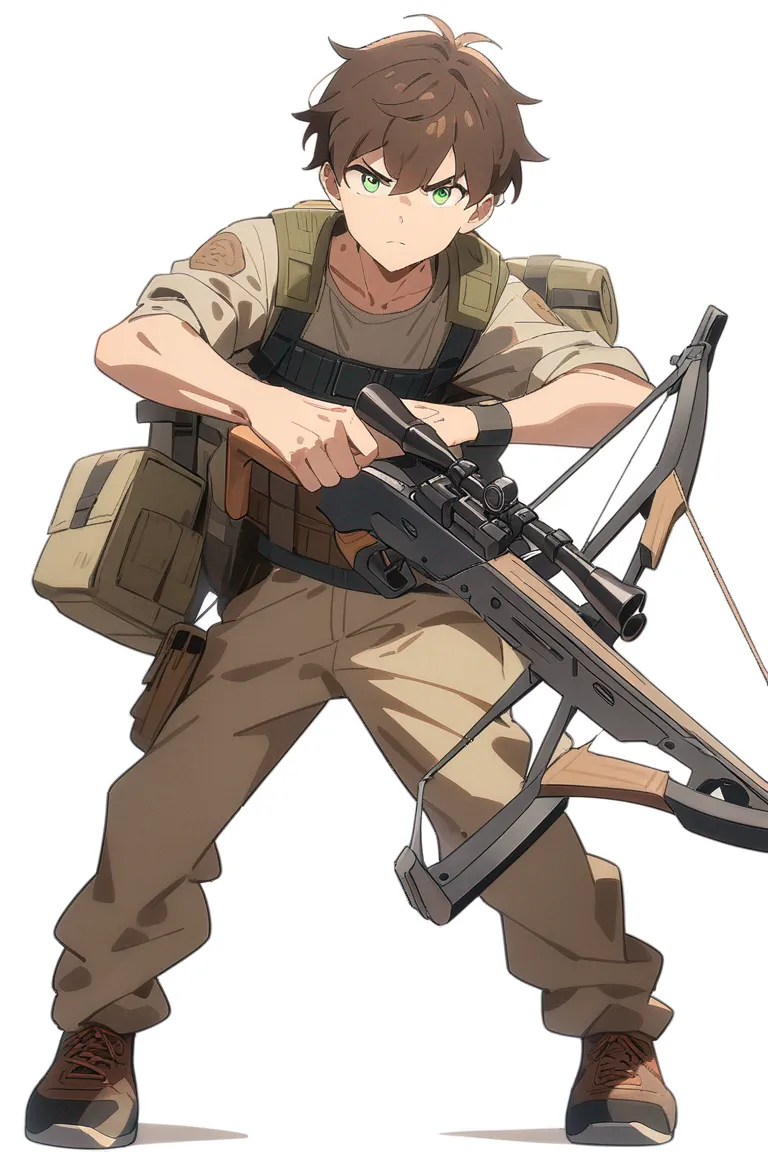 Appearance: 1boy, messy brown hair, green eyes, determined look, post-apocalyptic survival gear, makeshift crossbow, survivalist pose, single character, full body, looking at viewer, anime style, simple background, white background, best quality, masterpiece