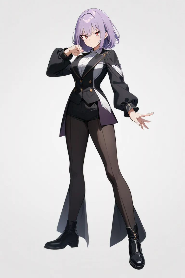 Appearance: 1girl, purple hair, red eyes, determined look, hero costume, striking a pose, single character, full body, looking at viewer, anime style, simple background, white background, best quality, masterpiece