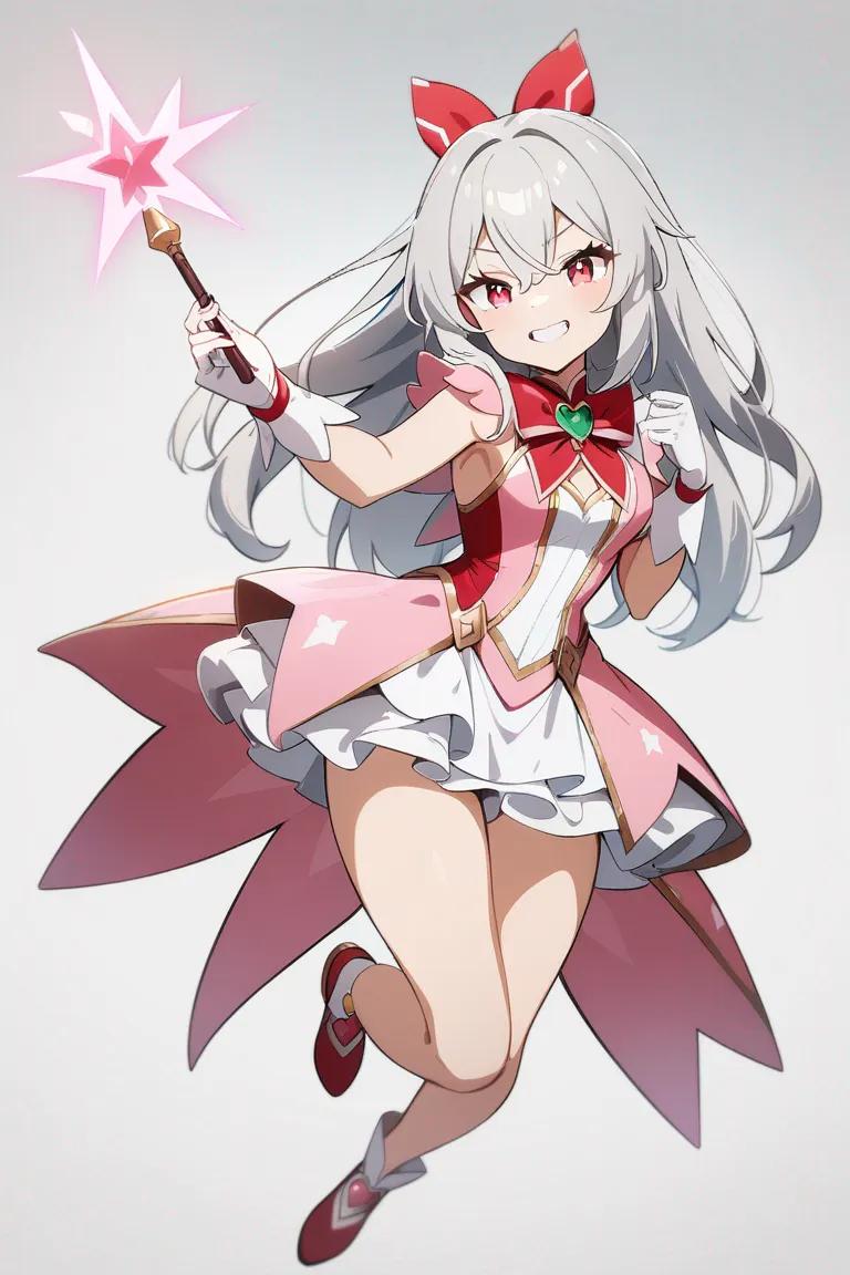 Appearance: 1girl, long silver hair, crimson eyes, playful grin, magical girl outfit, casting a spell with a wand, single character, full body, looking at viewer, anime style, simple background, white background, best quality, masterpiece