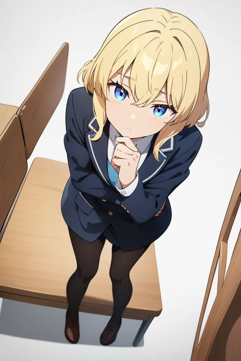 Appearance: 1boy, blonde hair, blue eyes, thoughtful expression, school blazer, leaning on desk, single character, full body, looking at viewer, anime style, simple background, white background, best quality, masterpiece