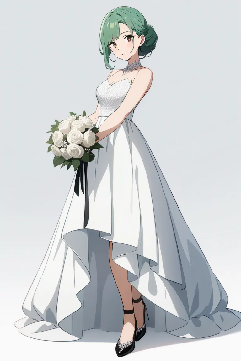 Appearance: 1girl, green hair, brown eyes, elegant smile, formal dress, holding a bouquet, single character, full body, looking at viewer, anime style, simple background, white background, best quality, masterpiece