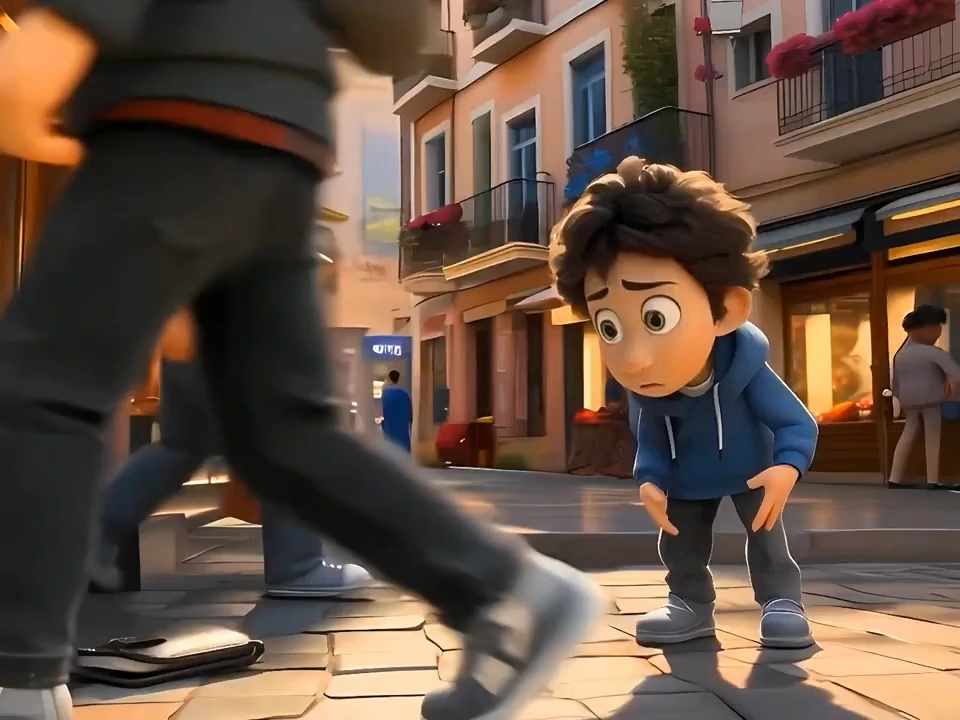 A little boy looks at the wallet lying on the ground.
[cut] Close-up shot of the boy — he is hesitating.
[cut] The boy walks towards the wallet and picks it up.