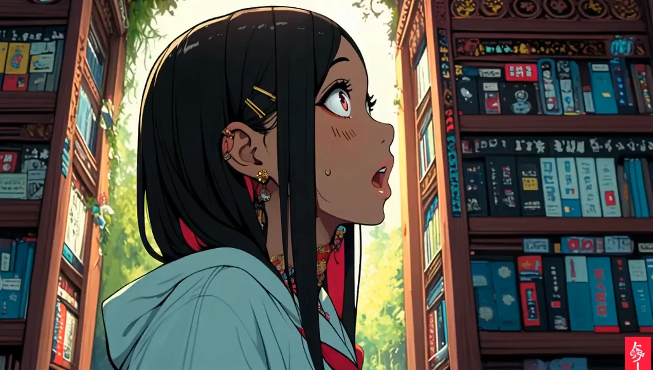 [Scene 1: 0 to 2 seconds]
Wide shot, a grand antique library filled with endless rows of wooden bookshelves. A schoolgirl stands in the middle, dressed in a neat Japanese uniform, bathed in warm afternoon light filtering through stained glass windows. Dust motes float in the air. She walks slowly with curiosity.

[Scene 2: 2 to 4 seconds]
Medium shot behind the girl. She notices one book slightly pulled out from the shelf. Her eyes narrow. She gently pulls the book with both hands. A soft mechanical click is heard.

[Scene 3: 4 to 6 seconds]
Close-up on the shelf as part of it creaks and slides open, revealing a hidden stone passage behind. Dim light glows faintly from below. Her hand hesitates mid-air, her breath visible in the cold draft.

[Scene 4: 6 to 8 seconds]
Low-angle shot from the staircase below. The girl stands at the top, a mix of fear and wonder on her face. She begins to step down slowly. Shadows stretch behind her.

[Scene 5: 8 to 10 seconds]
Tracking shot behind the girl as she walks deeper into the narrow stone passage. A soft blue light pulses at the end of the corridor. Her silhouette grows smaller as mystery deepens.